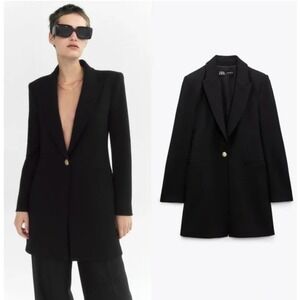 Zara Womens Black Longline Structured Blazer Peaked Crest Button Size M X123